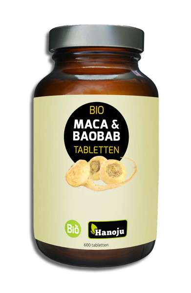 Biologische Maca 250 mg + Biologische Baobab poeder 250 mg, 600 tabletten